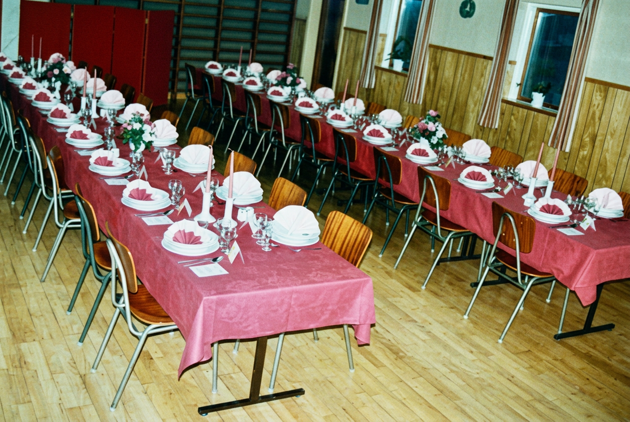 Salen pyntet til fest med pink duge og servietter — 1990'erne